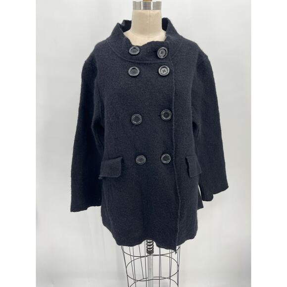 SALE DM NY Double Breasted 100% Wool Unlined Coat Jacket Sz L Black - Picture 1 of 4